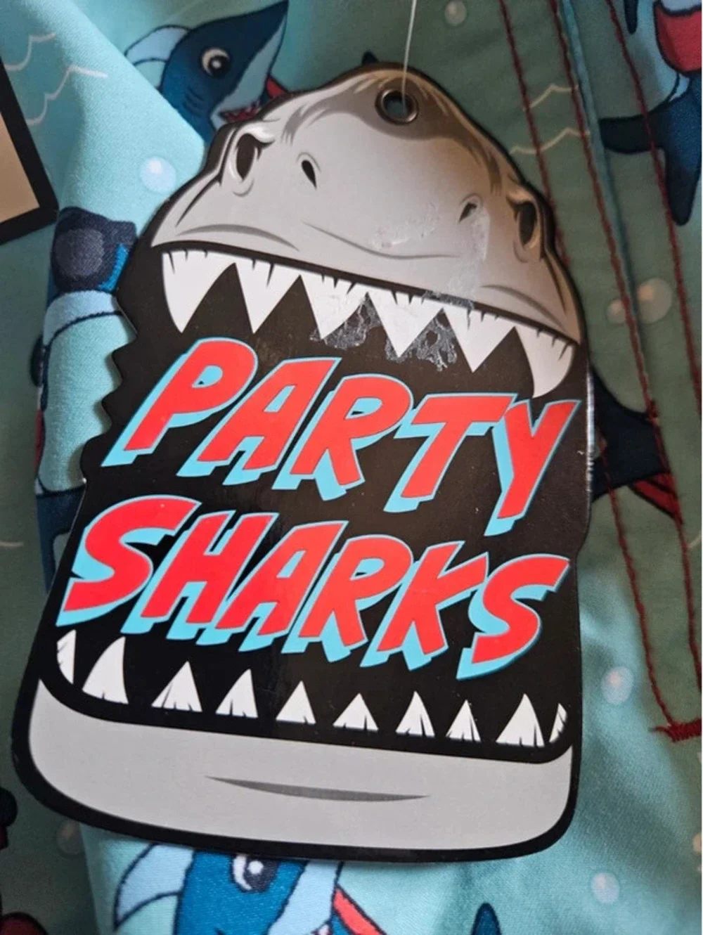 Party Sharks Men’s Swim Trunks XXL Turquoise Shark Print 6.5